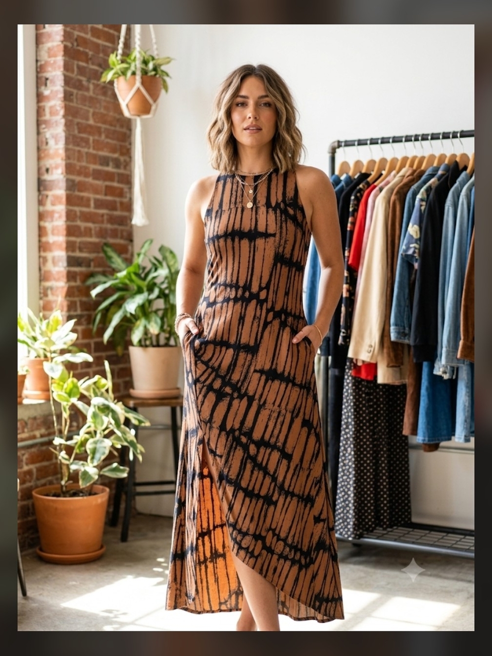 Worthington NWT Sleeveless Printed Maxi Dress Medium Brown Black Abstract Mock